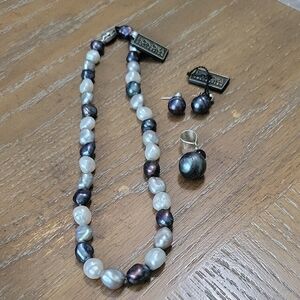 Honora Baroque Black,White,grey fresh water Pearl 3 piece Jewelry Set.